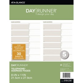 Day Runner Telephone and Address Pages, Refill, Loose-Leaf, Undated, for Planner, 8-1/2" x 11", Size 5, 30 Sheets/Pack (018-230)