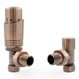 Hot Flow Antique Copper Cascade Angled Modern TRV Thermostatic Radiator Valve (Pair) Includes Angled TRV Body & One Lock Shield for Quick & Easy Temperature Control. Perfect for Energy Saving.