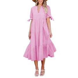 Theenkoln Womens Casual Midi Dress: Short Sleeve V-Neck Empire Waist Gingham Spring Fashion Long Trendy Tiered Formal Dresses Hot Pink