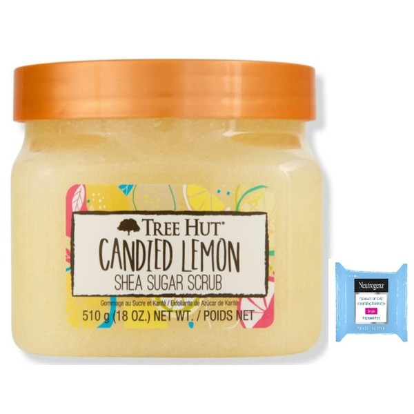 T H Tree Hut Shea Sugar Body Scrub Candied Lemon,18oz, With Single Fragrance-Free Makeup Remover Cleansing Towelettes