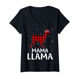 Womens Matching Buffalo Plaid Mama Llama Christmas Pajama V-Neck T-Shirt