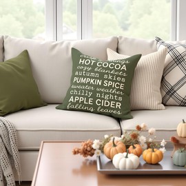 PANDICORN Fall Throw Pillow Covers 18x18 Inch Sage Green Autumn Quote Decorative Cushion Case with Falling Leaves & Hot Cocoa, Fall Decor for Living Room Bedroom Sofa Couch Porch