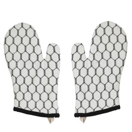 VHC Brands Cotton Oven Mitt Set of 2, Printed, Heat Resistant, Baking Glove Pot Holder, Kitchen Mitts, Down Home Collection, 12.5x8, Soft White