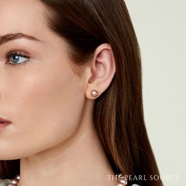 THE PEARL SOURCE 14K Gold 7-8mm Round Pink Freshwater Cultured Pearl Stud Earrings for Women