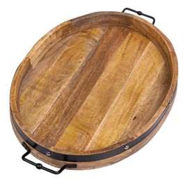 20"x24" Extra Large Oval Ottoman Tray, Solid Mango Wood, Rustic Natural Shade Farmhouse Style Serving Tray for Tea, Breakfast in Bed, Coffee Table, Decorative Handles and Accent Strap