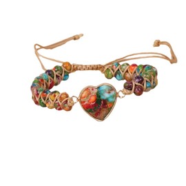 IMINI 7 Chakra Healing Bracelet - Natural Stone Heart Wrap Jewellery for Women, Adjustable Genuine Leather Beaded Bracelet, Boho Health Balance Gift for Her (16cm+5cm, Emperor Jasper)