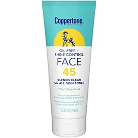 Coppertone Loción facial de protección solar sin aceite + control de brillo SPF 45, protector solar ligero para todos los tonos de piel, no obstruye los poros, sin fragancia, tubo de 2.5 onzas líquidas
