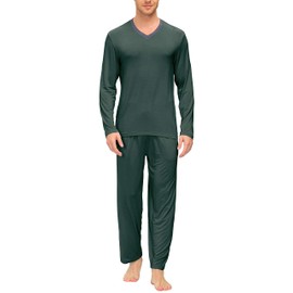 MoFiz Men’s Pyjamas Set 2 Piece Pjs Set Long Sleeve Sleepwear Nightwear Soft Stretch Comfy Lounge Sets Top & Bottoms Dark-gren Size US XL