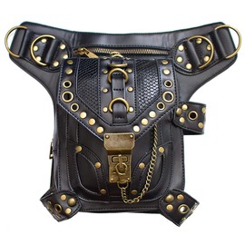 Steampunk Crossbody Shoulder Bag Messenger Gothic Waist Fanny Pack Chain Drop Leg Hip Holster Belt Purse Pouch Black