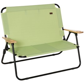 Outsunny Double Camping Chair, Portable Camping Loveseat for 2 Person, Folding Chair with Cup Holder and Wood Armrest for Sports Beach Travel, Green