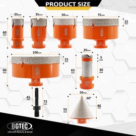 BGTEC Diamond Hole Saw Kit - 8PCS 25/35/50/75/100mm Core Bit + 20mm Finger Bit + 50mm Chamfer Bit + SDS Adapter for Porcelain Tile, Ceramic, Marble, Granite