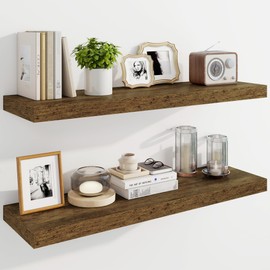 Marsmiles 36" Floating Shelves for Wall, Wooden Shelves with Invisible Brackets Set of 2, Rustic Farmhouse Wall Mounted Shelf for Kitchen Bathroom Living Room Study, Rustic Brown