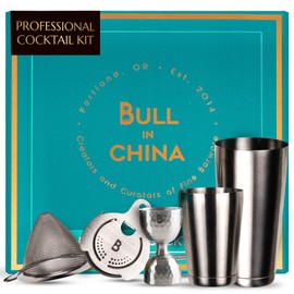 Bull in China Cocktail Shaker Set Stainless Steel, Professional Grade Bar Tools for Shaken Cocktails, Bar Set Includes: Weighted Shaker, Hammered Bell Jigger, Hawthorne Strainer, Fine Mesh Strainer
