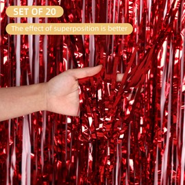 20 Pack Red Foil Curtain Backdrop 3.2ft x 8.2ft Foil Fringe Backdrop Curtain Metallic Tinsel Foil Fringe Curtains Streamer Backdrop Curtains for Birthday Party Decorations Photo Booth (Red)
