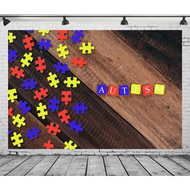 CORFOTO Autism Awareness Theme Backdrop Fabric 9x6ft Colourful Jigsaw Puzzle Alphabet Tiles Wooden Background for Autism Themed Birthday Party Decorations Kids Accept Love Support Photoshoot Props