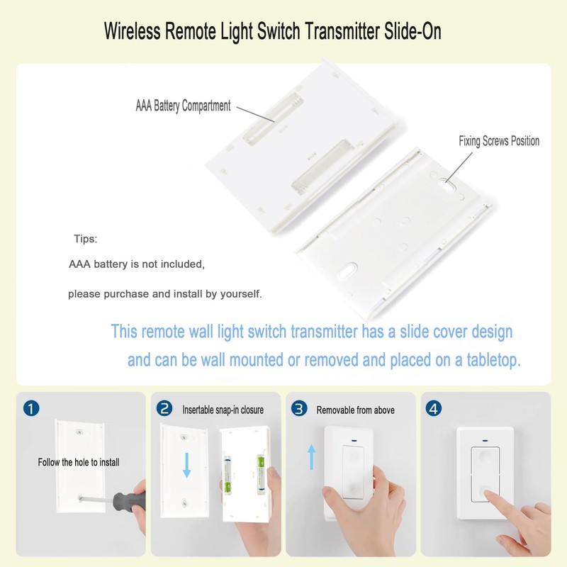 Wireless Remote Light Switch,No Wiring, AC 110V Wireless Wall Switch