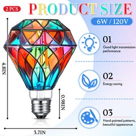 Baquler 2 Pcs Stained Glass LED Light Bulb E26 Base A60 Colorful Lightbulb 120V Flickering Lightbulb Bulbs for Christmas Xmas Home Balcony Garden Party Decoration(Diamond Shape, 6W)