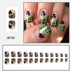 24Pcs St. Patrick's Day Press on Nails Short Square Fake Nails Green French Tip False Nails with Shamrock Designs St. Patrick's Day Glue on Nails Glossy Full Cover Acrylic Nails for Women and Girls