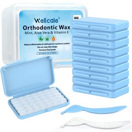 Braces Wax, 10 Pack 50 Premium Precut Wax Strips. Blue Cases. Includes 2 Applicator Tools and Storage Box, Food Grade Dental Wax for Braces Wearer- Stick Better (Mint with Aloe Vera and Vitamin E)