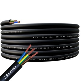 SHPELEC® FLEXIBLE Black Cable 3183Y 0.75mm, 1.0mm, 1.5mm, 2.5mm BASEC Approved Black PVC LED Lighting 5m 10m 15m 20m 50m (2.5mm 3 Core - 5metres)