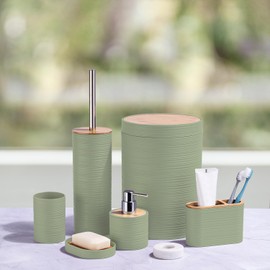 CERBIOR Bathroom Accessories Set 6 Piece Bamboo Bath Ensemble Includes Soap Dispenser, Toothbrush Holder, Toothbrush Cup, Soap Dish for Decorative Countertop and Housewarming Gift, Sriral Green