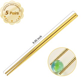 OIULO Gold Stainless Steel Chopsticks - Reusable Chopsticks - 5 Pairs Dishwasher Safe Metal Chopsticks - Easy to Use - Pressure Line Lightweight Chop Sticks- Gift Set（9 Inch ）