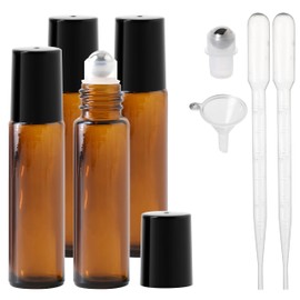 Essential Oil Roller Bottles, 10ml Thick Glass Perfume Roller Bottles with Funnel Opener and Dropper Colored Glass Empty Bottles with Stainless Steel Roller Balls (Brown - black cover, 4 Pack)