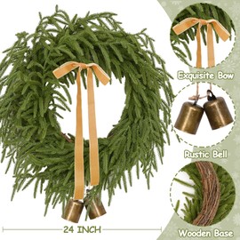 Christmas Wreath -24 Inch Real Touch Norfolk Pine Wreath for Front Door, Christmas Wreath with Lights, Greenery Wreath with Ribbon Bell for Home Table Wall Window Indoor Outdoor Christmas Decoration