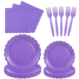 96PCS Lavender Paper Plates and Napkins, 24 Guest Light Purple Disposable Tableware Set Include Scalloped Paper Plates Napkins and Forks Decoration Party Supplies for Birthday Wedding Baby Shower