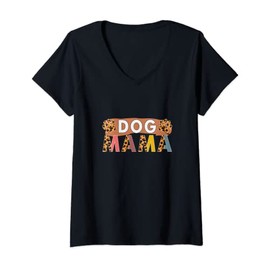 Womens Dog Mama Animal Lovers Leopard Print Vintage Mother's Day V-Neck T-Shirt