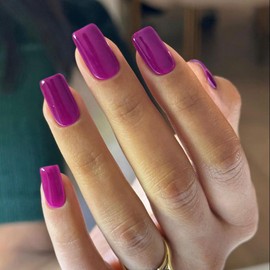 Plum Press on Nails Medium Short Square,Xcreando Glue on Nails Solid Glossy Medium Nails Full Cover Acrylic Fake Nails for Women and Girls Daily Wear 24 Pcs