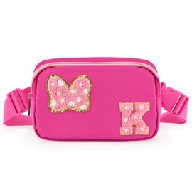 Chenille Initial Letter Bow Mouse Fanny Pack, Waterproof Park Crossbody Bag Christmas Birthday Gifts for Teen Girls Daughter Women Kids Adults, Cute Belt Bag Must Haves for Park Travel (K, Rose Red)