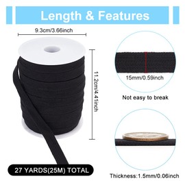 BENECREAT 25m/27.34Yards Black Flat Replacement Cotton Cords, 15mm Wide Flat Drawstring Cord Rope with Plastic Empty Spools for Garment Accessories