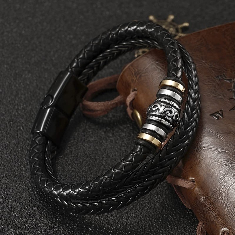 HEIX Mens Multilayer Braised Leather Bracelet Magnetic Stainless Steel Clasp