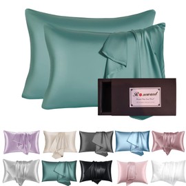 100% Mulberry Silk Pillow Cases with Zipper USA Made-Real Organic Silk Pillowcase for Hair and Skin-19 Momme Pure Silk, Zippered, Anti Wrinkle, Anti Acne (Mineral Blue 2 Pack, Standard 20''x26'')