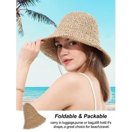 Womens Straw Sun Hat Wide Brim Hand Woven Foldable Beach Bucket Hat for Summer Travel UV Protection UPF 50+(One Size,Beige & Coffee)