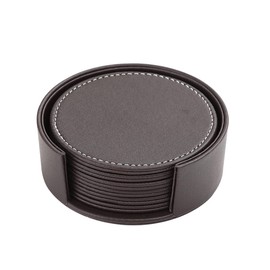 Techson 6PCS Leather Coasters, PU Non-Slip Drinks Wine Tea Coffee Mats with Holder, Waterproof Heat Resistant Bar Tabletop Protection Suitable for Kinds of Cups and Mugs (Round, Brown)