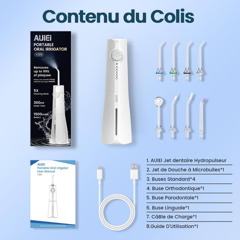 AUIEI Portable Water Flosser, Oral Irrigator, 5 Modes and 8