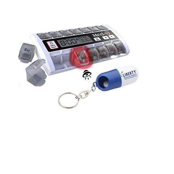 New MedQ Daily Pill Box Reminder with Flashing Light and Beeping Alarm Includes Bonus Liberty Pill Keychain (White)