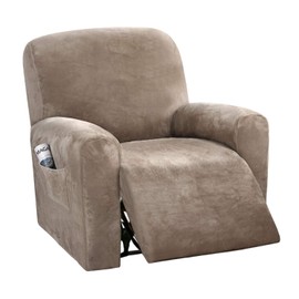 H.VERSAILTEX Velvet Stretch Recliner Couch Covers 4-Pieces Style Recliner Chair Covers Recliner Cover for Reclining Chair Slipcovers Feature Non Slip Form Fitted Thick Soft Washable, Taupe