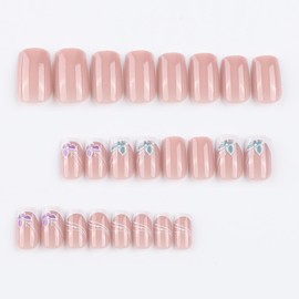 ASONRL French Press On Nails, Short Medium Square Fake Nails with Nail Glue, Nude False Nails Press on with Butterfly Design for Women in 12 Sizes-24 Pcs Stick on Nails Kit, Butterfly French