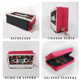 Mancha de Creación - Cassette Cassette Wallet Card Holder Zipper Wallet Original Design Retro Vintage Women Men Cherry Drawing Cremallera Roja Retro, red, Retro