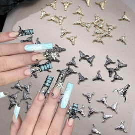 50PCS Bull Head Nail Charms, 3D Retro Alloy Nail Accessories Gold Silver Animal Designs Manicure Decorations for DIY Craft Making