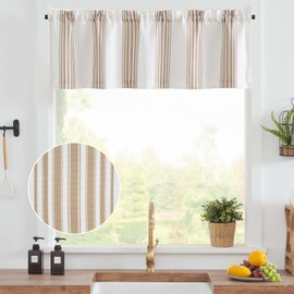 jinchan Linen Textured Valance Curtain Striped Kitchen Valance for Small Windows 16 Inch Light Filtering Vertical Stripe Modern Farmhouse Window Topper for Living Room Bathroom 1 Panel Taupe on White