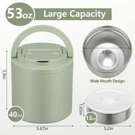 40oz Insulated Food Containers for Hot Food Soup Thermo for Adult Wide Mouth Large Capacity Leak Proof Vacuum Stainless Steel with Carry Handle and Spoon, BPA Free, Green