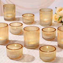 NITIME 10pcs Ribbed Gold Votive Candle Holders, Assorted Glass Tea Light Candle Holders for Wedding Centerpieces, Gold Candle Holders for Brithday, Party and Holiday Decorations