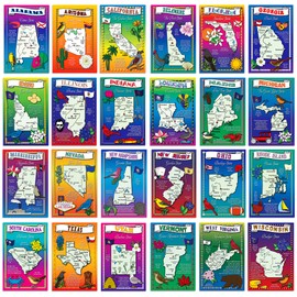 U.S. State Map Postcard Set. 50 modern post card variety pack. Illustrated postcards with maps of all fifty states of the United States of America. Made in USA.