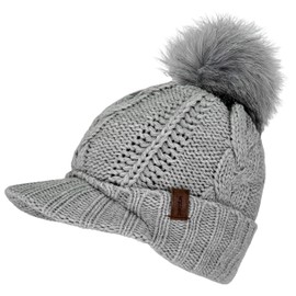 WEROR WEROR-446.1 Women's Knitted Hat - Bobble Hat with Peak - Lined Winter Hat with Peak, gray