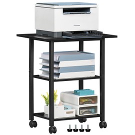 Lerliuo 3-Tier Printer Stand, Industrial Mobile Printer Table with Storage Shelf and Steel Frame, Rolling Printer Cart Holder with Lockable Wheels for Home, Office (Black)