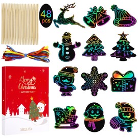 MELLIEX Pack of 48 Scratch Pictures for Children, Christmas Scratch Paper Rainbow Scratch Art with 48 Ribbons and 20 Wooden Pens for Children Crafts, Christmas Gift Can, Christmas Tree Decoration
